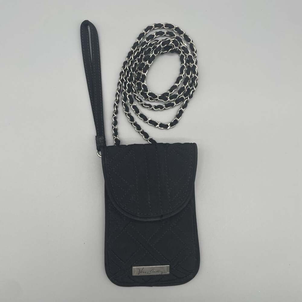 Vera Bradley BLACK CROSSBODY Phone Purse Wallet W Silver Chain Strap Ships Quick